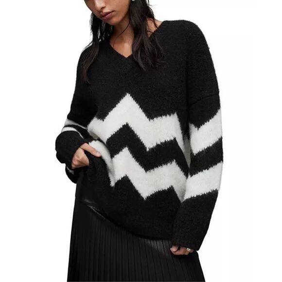 ALL SAINTS Ziggi V-Neck Sweater Women's Size Small Black/Chalk White Alpaca Bld - Picture 2 of 6